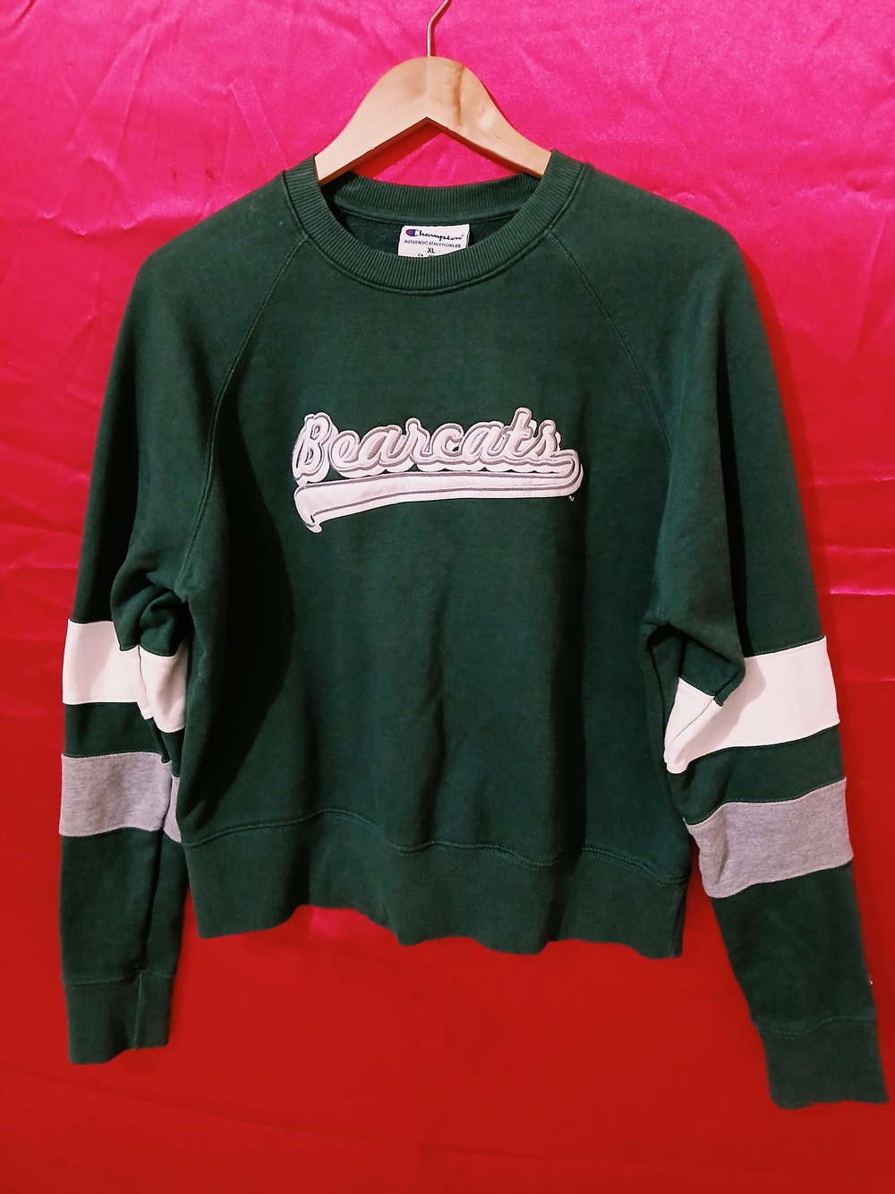 Champion Dark Green Bearcats Crewneck with White & Gray Sleeve Stripes